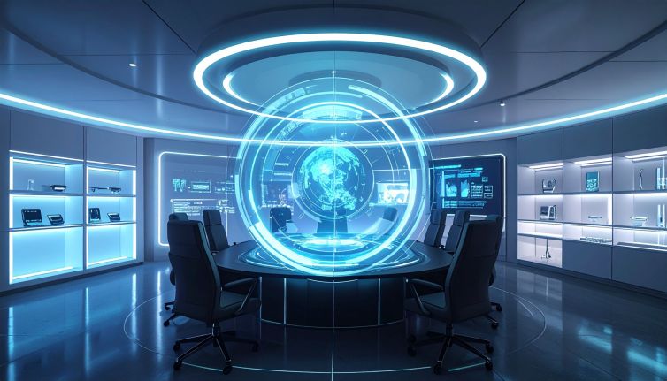 Futuristic boardroom with glowing holographic globe and modern technology displays