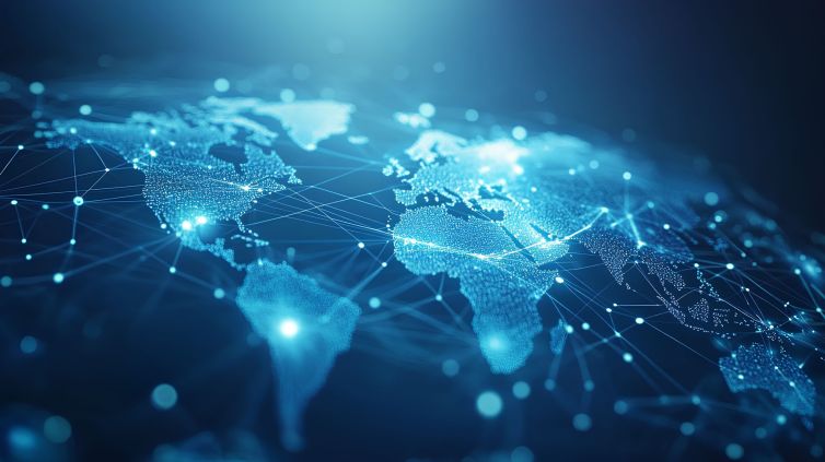light blue background with a digital world map and global network connections, representing the concept of international business or connectivity